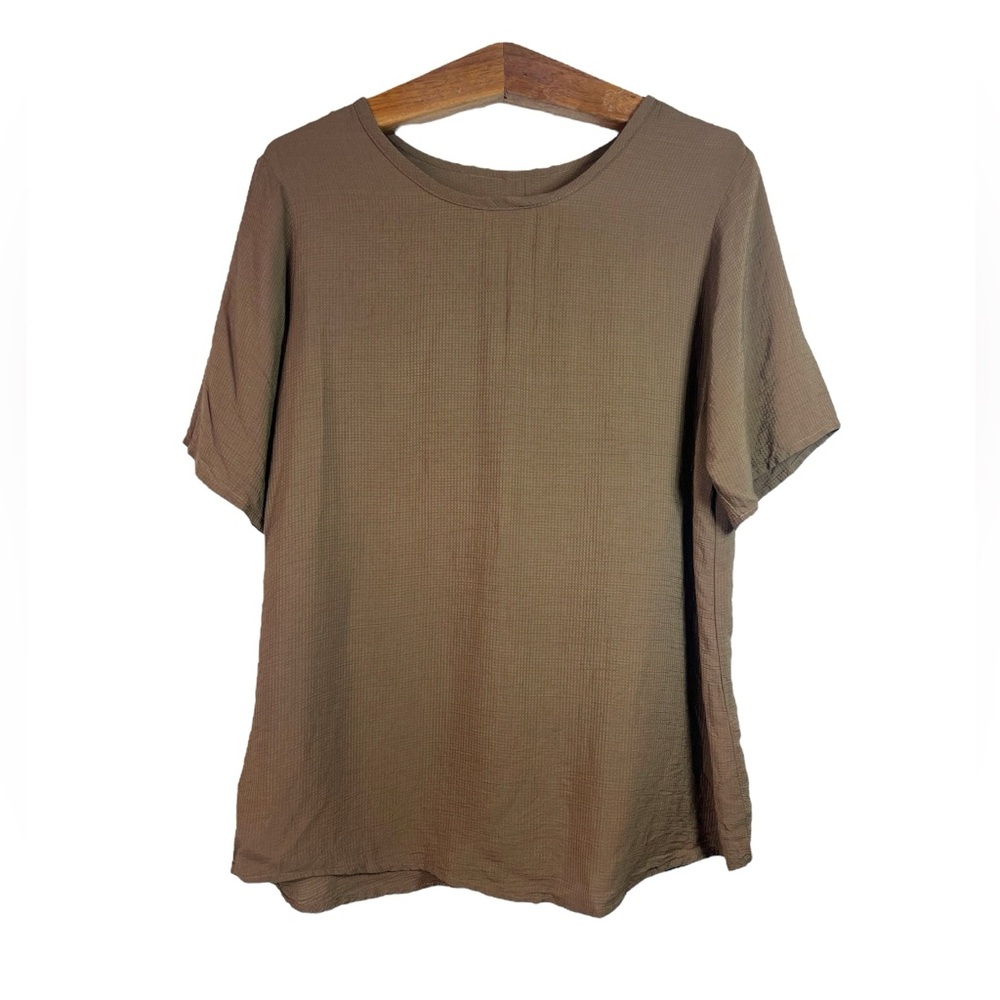Flax Women’s Brown Checkered Short Sleeve Blouse Size S Minimalist Retro Rayon